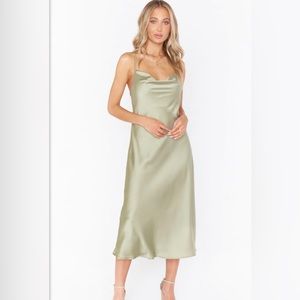 Show Me Your Mumu Verona Cowl Dress moss green luxe satin